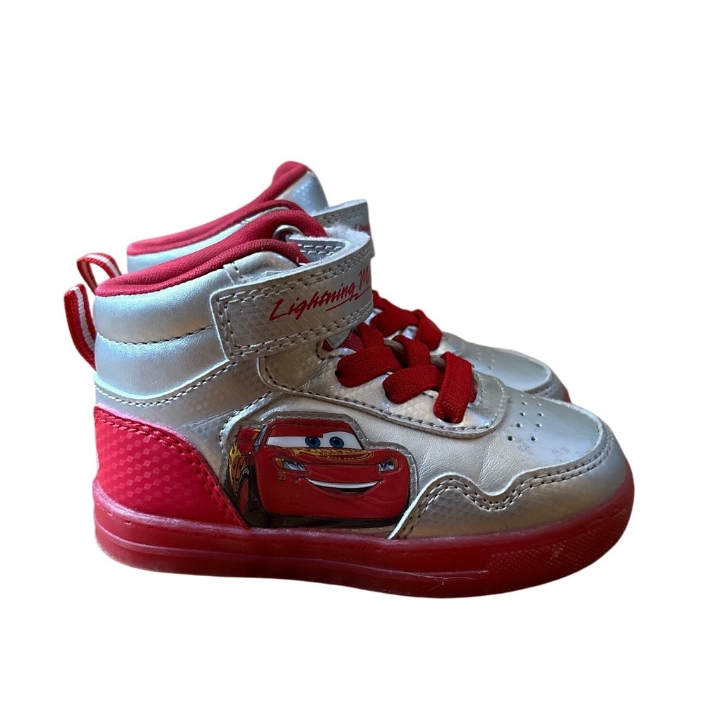 Disney Pixar Lightning McQueen Sneakers Boys Silver Red High Top SIZE 7
